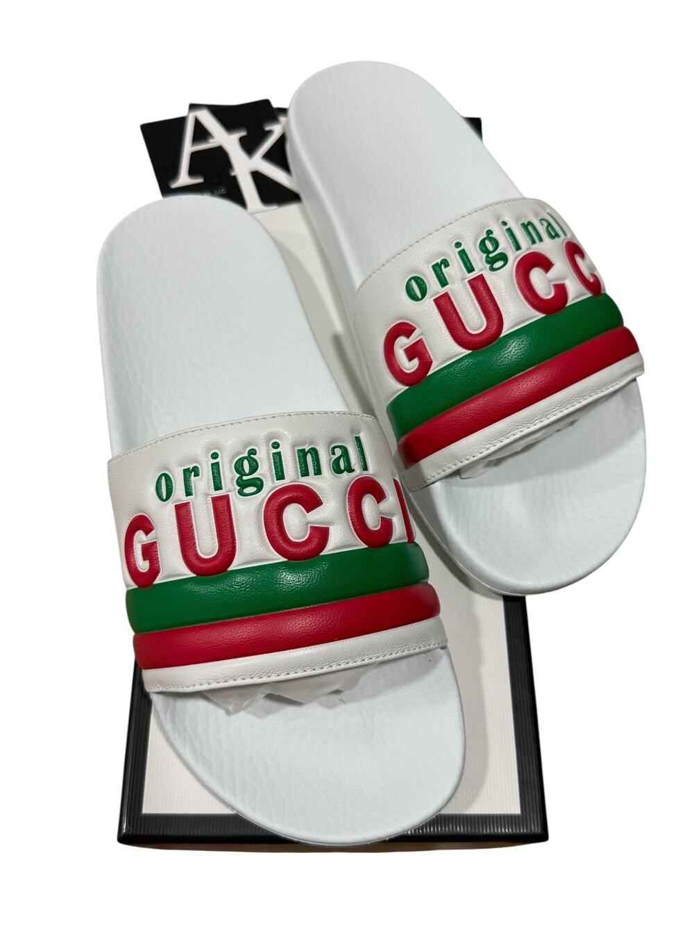 Gucci Original Logo Web Slide Sandals White Red Green Women’s Size 38